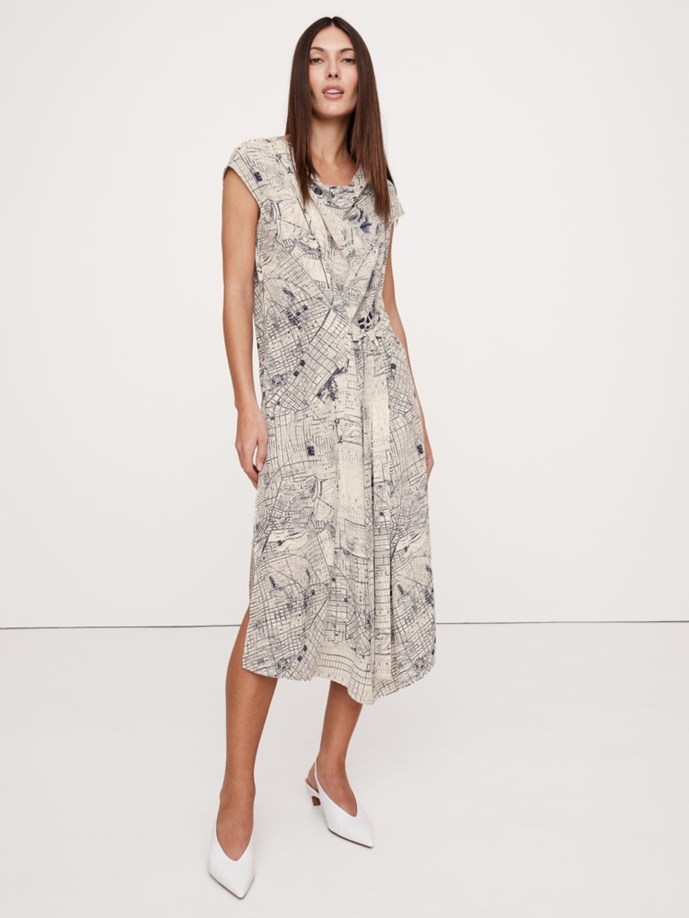 NWT Banana Republic Matte Silk Cowl Neck Cream Midi Dress with Navy Map Print